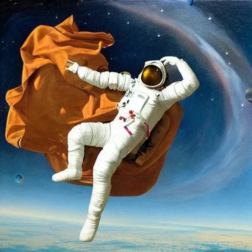 Image similar to an astronaut floating in space, in the style of a renaissance painting