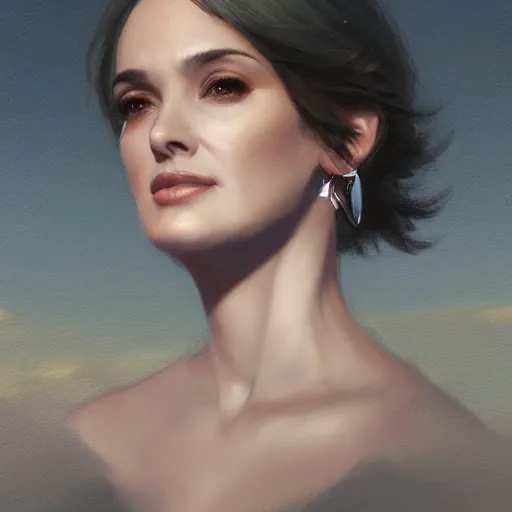 Image similar to a closeup portrait of a winona ryder, dramatic light, lake background, sunset, dark, sharp, painted by stanley lau, painted by greg rutkowski, painted by stanley artgerm, digital art, trending on artstation