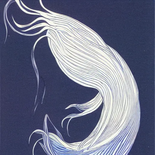 Prompt: a graceful iridescent white betta fish with long swirling fins, black-water-background, traditional Chinese illustration