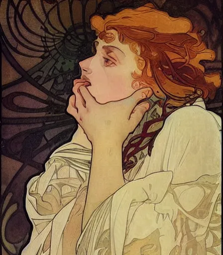 Image similar to portrait of a handsome non binary criminal lost in thought, by alphonse mucha, intense desire, high quality, high detail