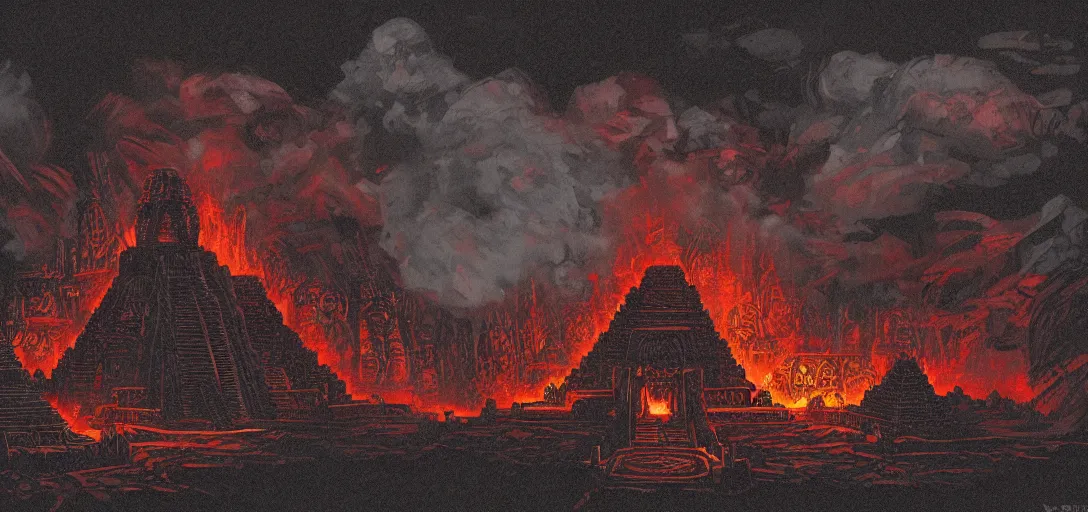 Image similar to a aztec fire god temple, doom, fire and smoke particles, dark colors,dark underground cave, mayan gothic, in the graphic style of and Patrick Gleason, low key lighting, detailed art, trending on Artstation, sharp focus, comic art