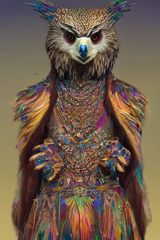 Prompt: a beautiful upper body shot from a fantasy film of a humanoid iridescent rainbow female falcon bear hybrid wearing a loose tunic. an anthropomorphic owlbear. fantasy, frown, intricate, elegant, highly detailed, digital painting, artstation, concept art, matte, sharp focus, illustration, art by artgerm and greg rutkowski and alphonse mucha