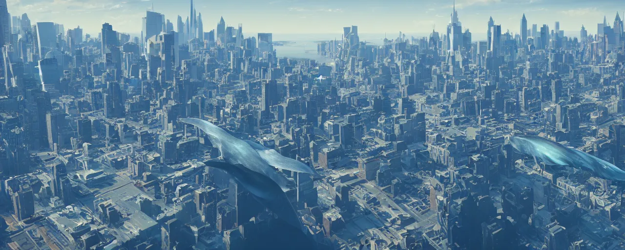 Image similar to huge blue whales sailing over the skyline over new york city, 8 k uhd, unreal engine, octane render in the artstyle of finnian macmanus, john park and greg rutkowski