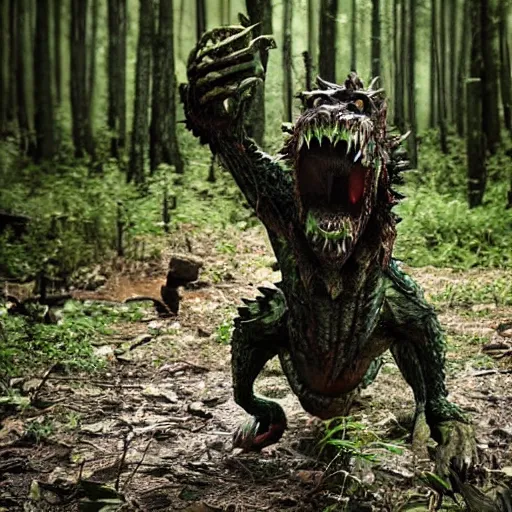 Image similar to werecreature consisting of a human and crocodile, photograph captured in a forest