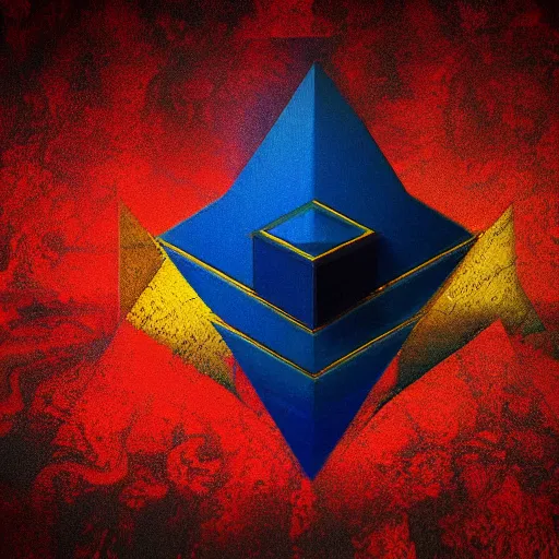 Image similar to a red, yellow and blue logo on a black background, digital art by kamal ud - din behzad, cg society, symbolism, apocalypse art, angular, 3 d