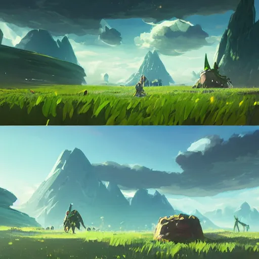 Prompt: the remains of a deserted lush field planet. clean sharp digital art, environment concept art, by rossdraws, ghibli, breath of the wild, greg rutkowski