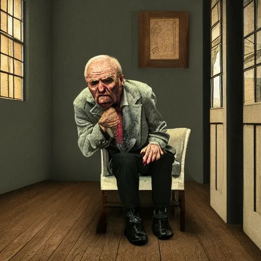 Prompt: angry old man in chair inside a dark house, surrealism