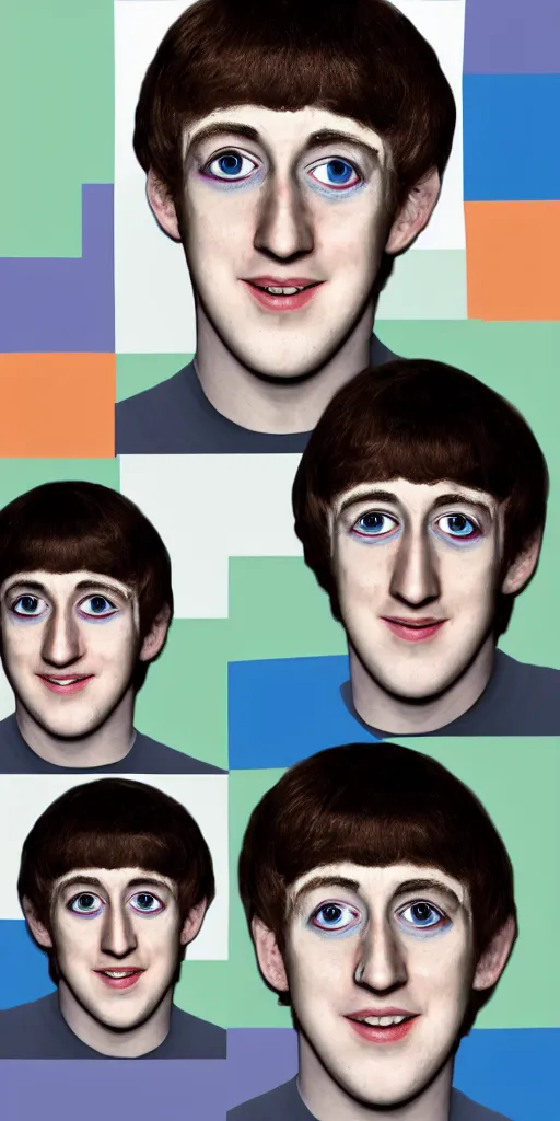 Prompt: Marc Zuckerberg with Beatles hair bowl cut with face painted bright white raising one eye brow