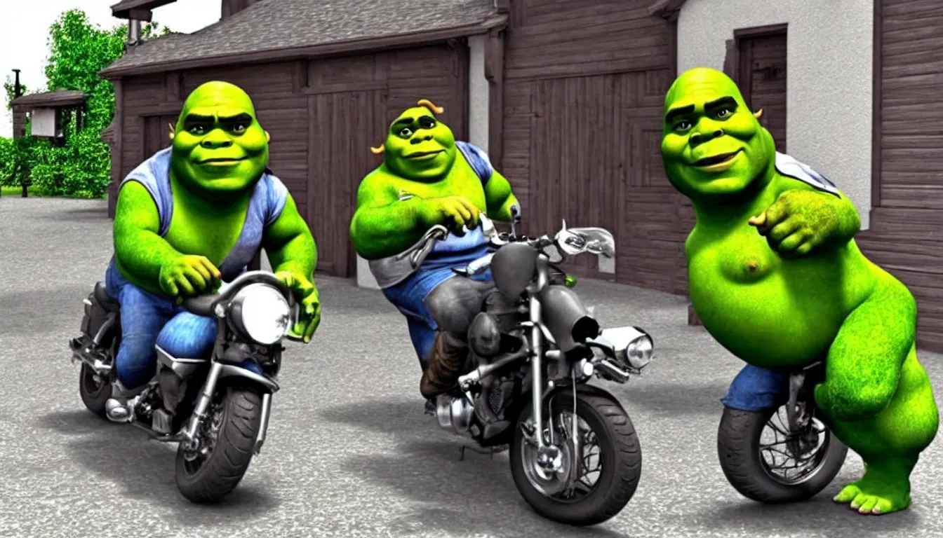 Prompt: doorbell cam footage shrek riding motorbike on one wheel, hilarious, funny, meme, realistic, detailed, 4 k