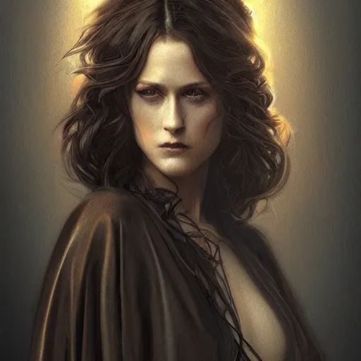 Image similar to full figure ultra realistic illustration, evan rachel wood wearing a futuristic black robe, brown flowy hair, old west, intricate, elegant, highly detailed, digital painting, artstation, concept art, smooth, sharp focus, illustration, art by artgerm and greg rutkowski and alphonse mucha