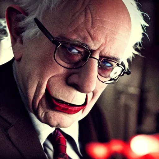 Prompt: stunning awe inspiring ( bernie sanders ) playing the joker in a batman movie, movie still 8 k hdr atmospheric lighting