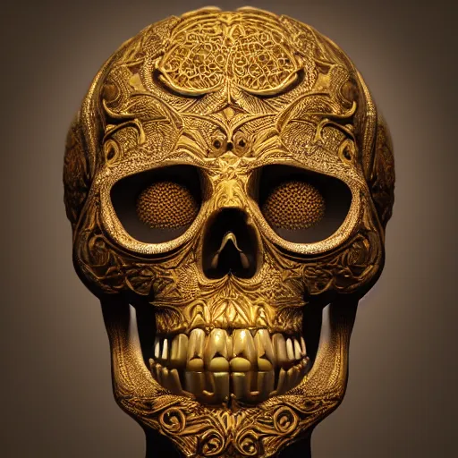 Prompt: a highly detailed photographic render of intricately carved golden sugar skull, intricate golden ornament, gilding, horror, dark fantasy, beautifully lit, ray traced, octane 3D render in the style of Gerald Brom and James Gurney