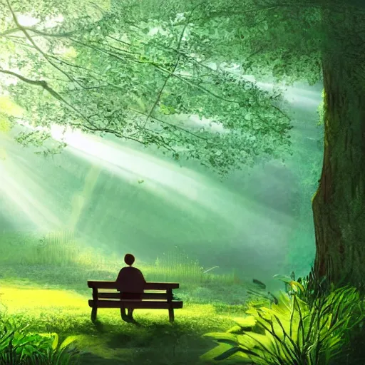 Image similar to a prince sits on a bench in a forest in front of a pond in the center, green color scheme, morning, mist, sun rays, artstation,