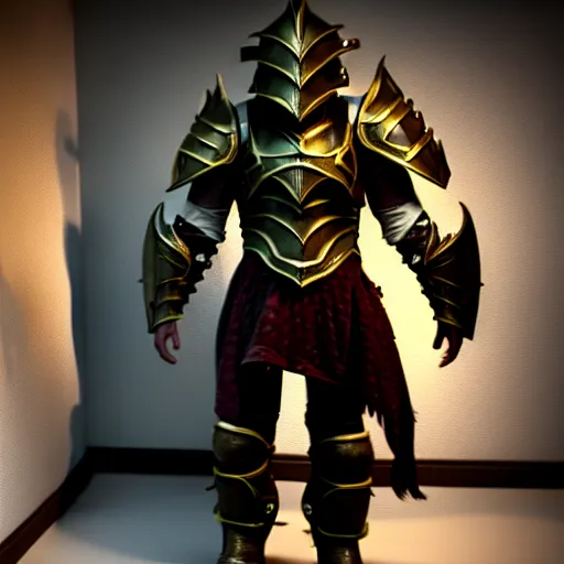 Prompt: dragonborn armor being left off on a wardrobe, photorealistic 3 d octane render, unreal engine