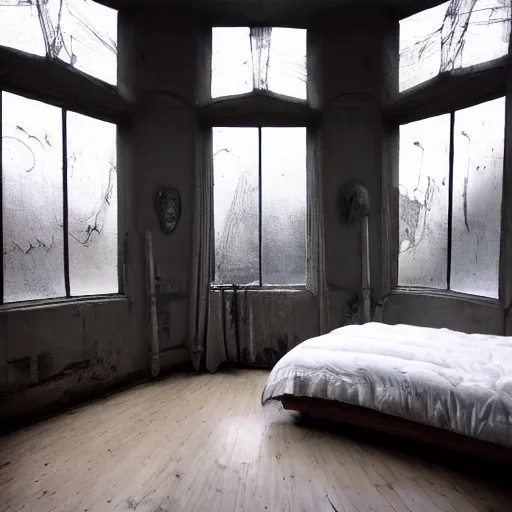 Prompt: very wide angle photograph of a cozy bedroom with a huge window designed by hr giger