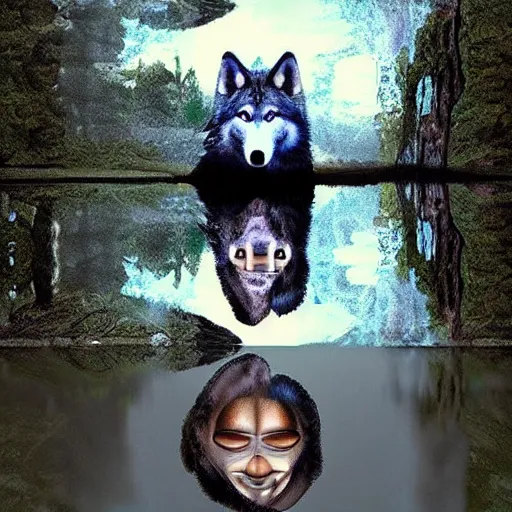 Prompt: a wolf looks at his reflection in a pond and sees a human face instead of himself, pov is behind the wolf, New Realism