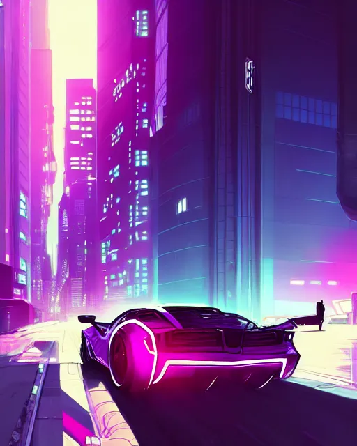 Image similar to digital illustration of cyberpunk pretty girl with blue hair, standing in front of a purple lamborghini, in city street at night, by makoto shinkai, ilya kuvshinov, lois van baarle, rossdraws, basquiat