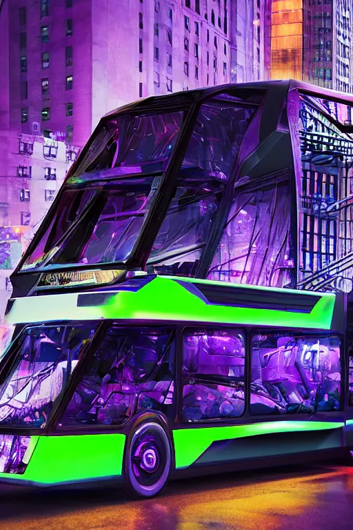 Prompt: photo of a futuristic nightliner tourbus outside in new york at night, printed band name on the nightliner is tripmachine, realistic digital art, textured with a 3 d render of a huge futuristic steampunk generator, 8 k, fluorescent colors, halluzinogenic, multicolored, exaggerated detailed, unreal engine