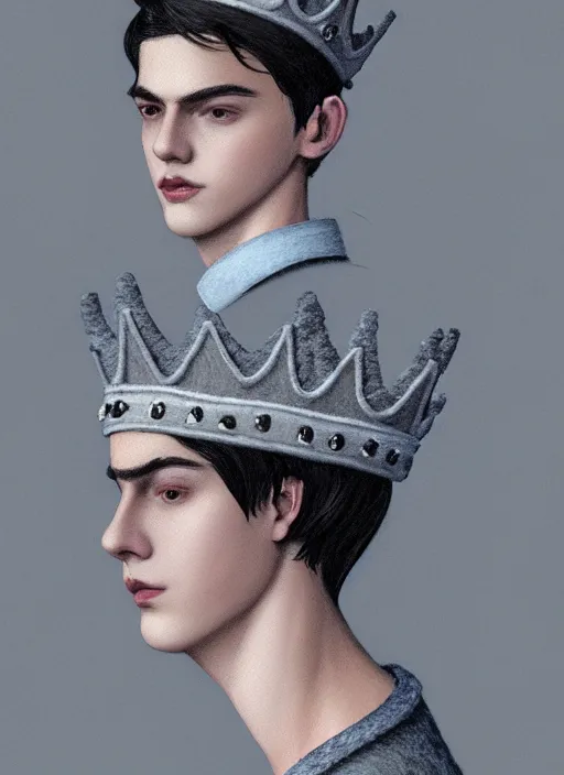 Image similar to portrait of teenage jughead jones wearing a light grey crown, photorealistic, crown made of felt fabric, crown, crown made of felt, black hair, intricate, elegant, highly detailed, digital painting, glowing lights, artstation, concept art, smooth, sharp focus, illustration, art by wlop, mars ravelo and greg rutkowski