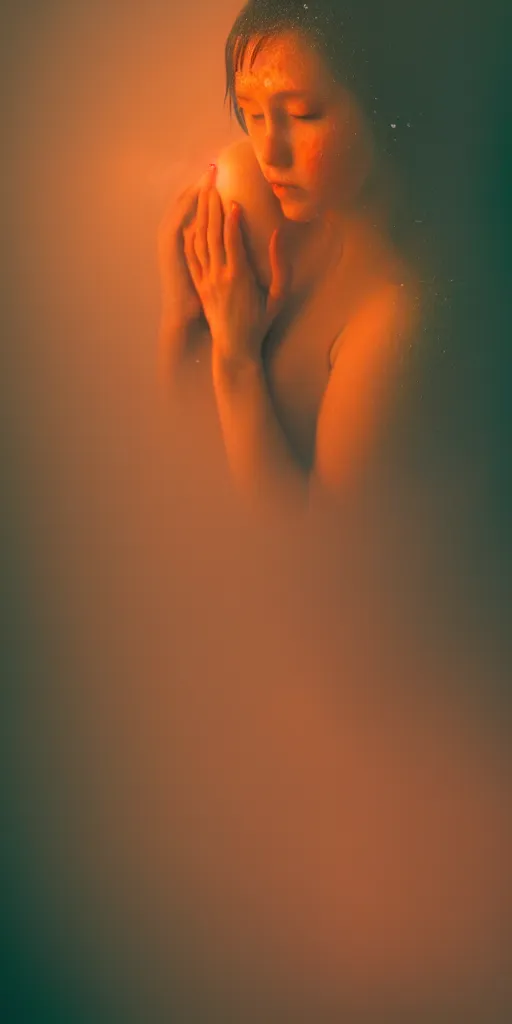 Image similar to a blurry closeup picture of woman's skin gripped tightly, female bodies, hands, dripping wet, macro photography, long exposure photograph, surrealism, anamorphic bokeh, cozy, soft light, cyan and orange, caustic, atmospheric fog, octane render, cinematic