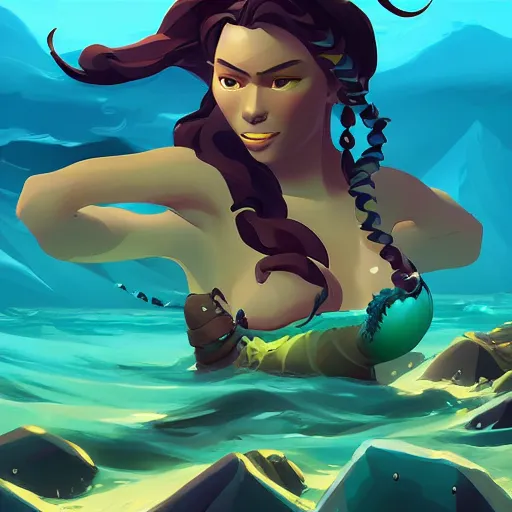 Image similar to painting mermaid treasure on sea of thieves game avatar hero smooth face median photoshop filter cutout vector, behance hd by jesper ejsing, by rhads, makoto shinkai and lois van baarle, ilya kuvshinov, rossdraws global illumination