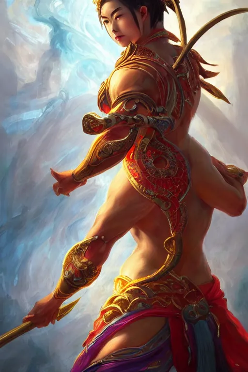 Image similar to a masterpiece portrait of nezha, legendary god holding spear, flame everywhere, epic pose, fantasy character portrait, closeup shot, hyper detailed, digital painting, 8 k realistic, trending on artstation, sharp focus, dof, by fenghua zhong, artgerm, ne zha from smite, jeff easley, raymond swanland