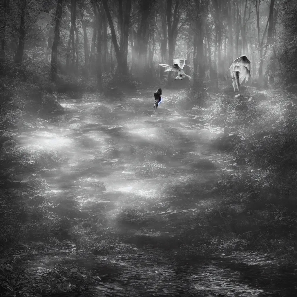 Prompt: an angel stripped of it's wings chasing a child through a creek in the woods, bad dream, hazy memory, volumetric, hyper realistic, octane render, dark black and white in the style of alvin schwartz, epic angles