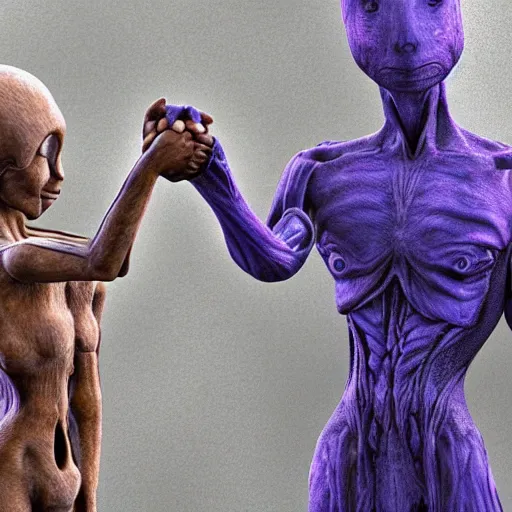 Prompt: Human and alien shaking hands in large arean full of approving onlookers, style of photo realism