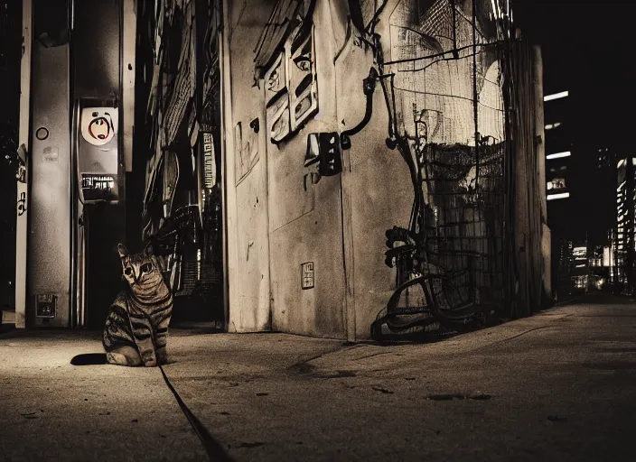 Image similar to photography of a Cat sitting on a box. in a cyberpunk street, award winning photo, led lighting, night, 24mm, sharp, high res