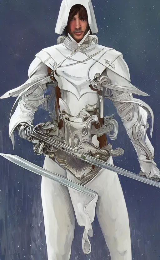 Prompt: a top view shot of a man in white futuristic armor, holding a katana , alphonse mucha , greg rutowski, illustration, science fiction, concept art, digital painting, fantasy, Trending on artstation