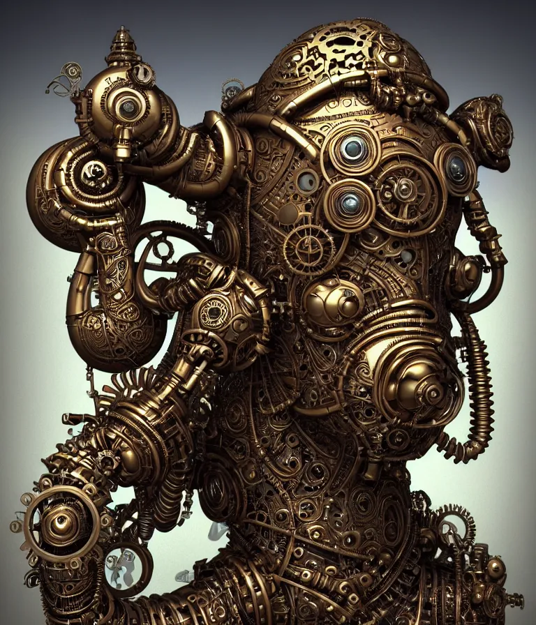 Image similar to steampunk cybernetic biomechanical ganesha, front facing, symmetric, 3 d model, very coherent symmetrical artwork, unreal engine realistic render, 8 k, micro detail, intricate, elegant, highly detailed, centered, digital painting, artstation, smooth, sharp focus, illustration, artgerm, tomasz alen kopera, wlop