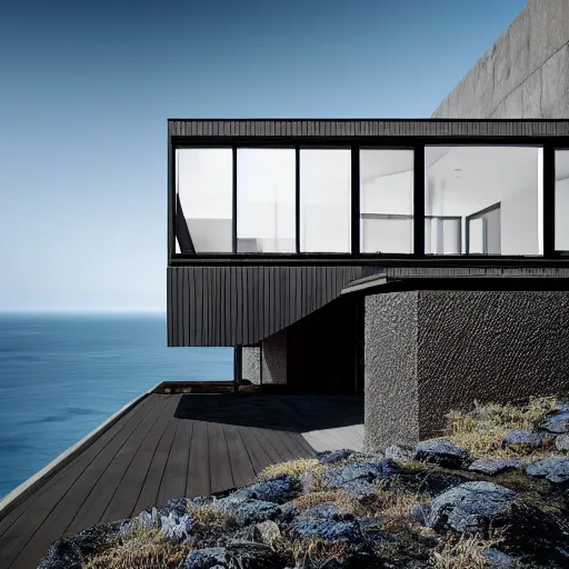 Prompt: yakisugi modern luxury house, shou sugi ban, brutalist, charred black wood, japanese style, ultra modern, contemporary, on a cliff over the ocean, octane render, 8k, photo realistic