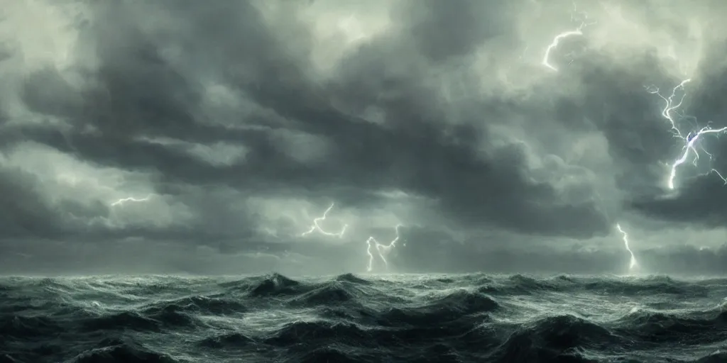 Prompt: A violent storm at sea, lit by lots of fork lightning, dark, foreboding and epic, film still, ultra wide angle, Greg Rutkowski and Studio Ghibli