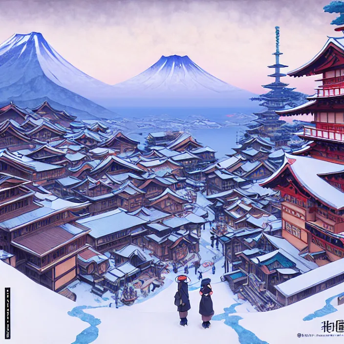 Image similar to empty japanese mountain city, winter, in the style of studio ghibli, j. c. leyendecker, greg rutkowski, artem