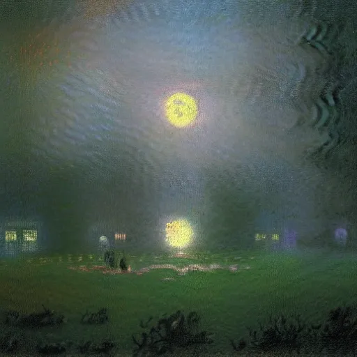 Image similar to mystical kew gardens, mist, full moon, by paul lehr, monet