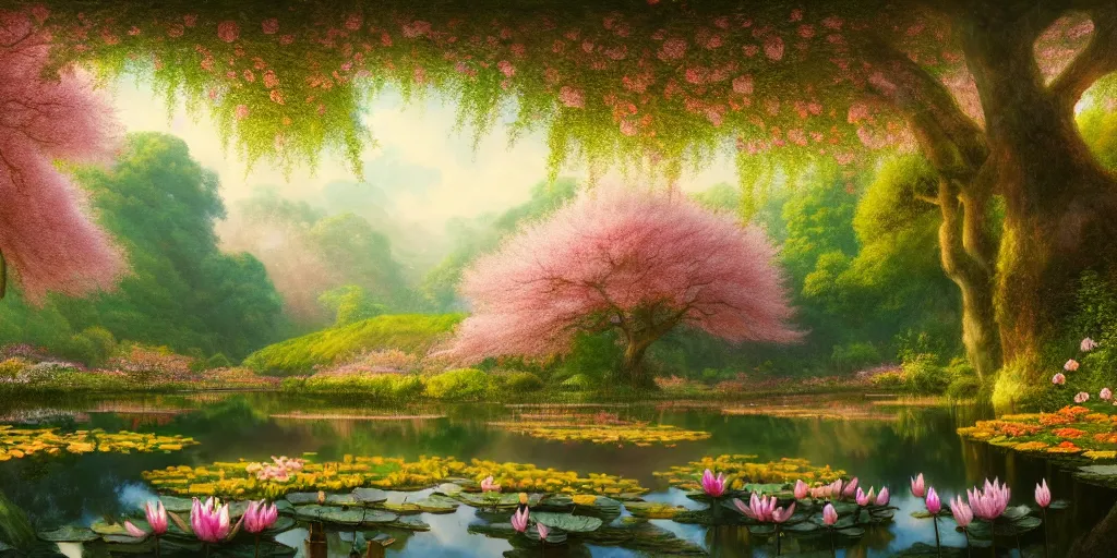 Image similar to a real photographic landscape painting with incomparable reality, wide angle, in forest, flowers, peach tree in full bloom, waterlily pond, bright style, harry potter, clearing,, john howe, magnificent, artstation