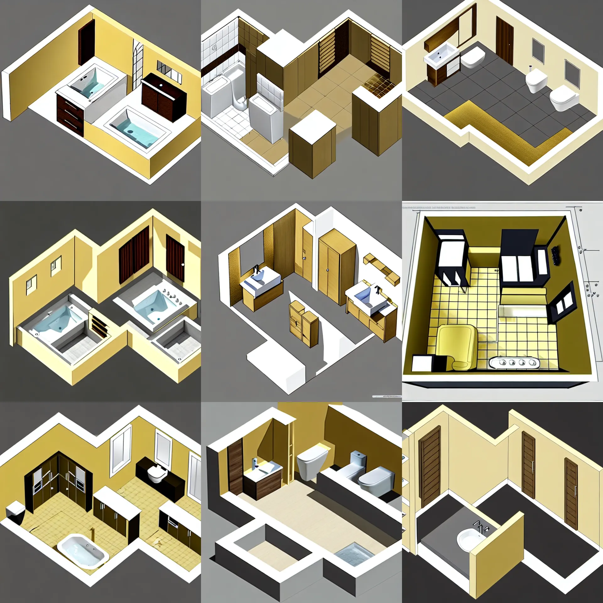 Prompt: furniture layout drawings of a modern master bathroom golden ratio, designer, architect, 3 d, isometric view,