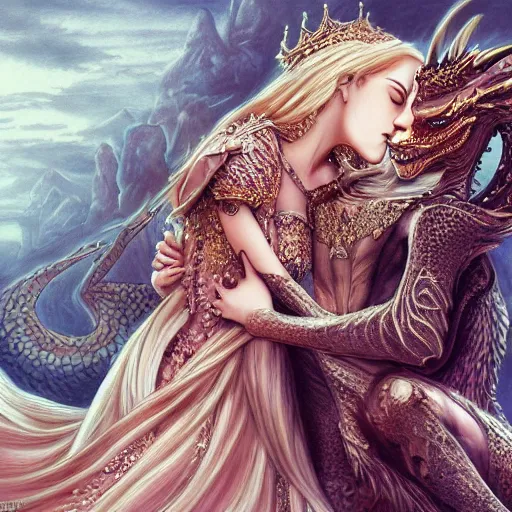 Prompt: highly detailed exquisite fanart of dragon embracing a princess with a kiss, fantasy, intricate, elegant, detailed, painting, concept art