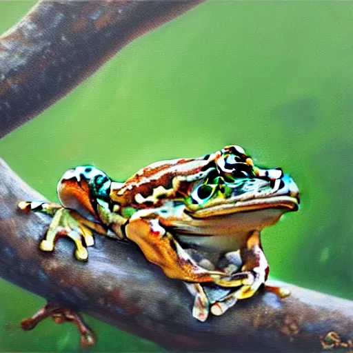 Image similar to beautiful oil painting of common frog sitting on a tree, day light, sunlight swamp, award - winning, matte,