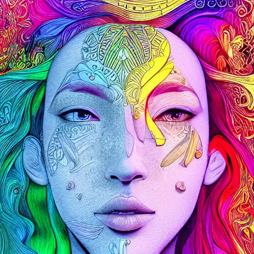 Prompt: the head of a beautiful woman partially made of rainbows, an ultrafine detailed illustration by james jean, final fantasy, intricate linework, bright colors, behance contest winner, vanitas, angular, altermodern, unreal engine 5 highly rendered, global illumination, radiant light, detailed and intricate environment