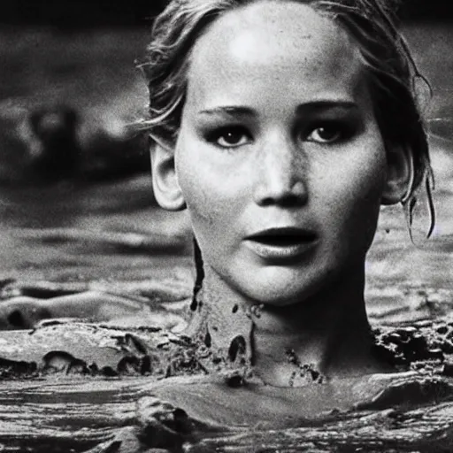 Image similar to film still, close up, jennifer lawrence rising out of muddy vietnam river, face covered in mud, low camera angle at water level, night time, film still from apocalypse now ( 1 9 7 9 ), 2 6 mm.