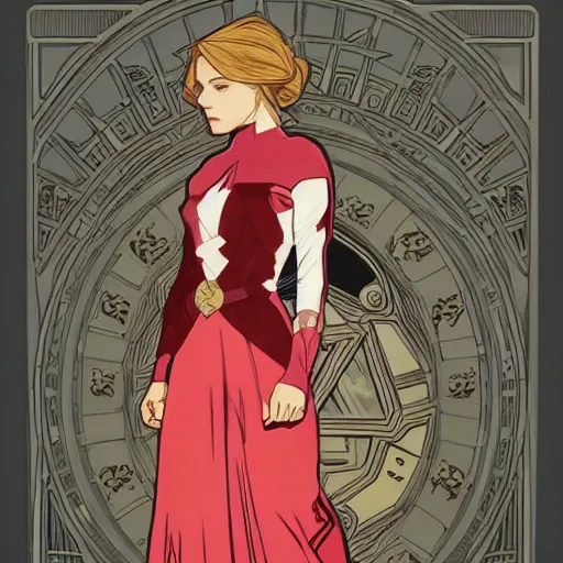 Image similar to Erin Moriarty as Wanda Maximoff, character design, detailed, artstation, concept art, smooth, sharp focus, aesthetic, illustration, trending on ArtStation, Created by artgerm and greg rutkowski and alphonse mucha and J. C. Leyendecker and Edmund Blair Leighton and Katsuhiro Otomo and Geof Darrow and Phil hale and Ashley wood and Ilya repin and Charlie Bowater