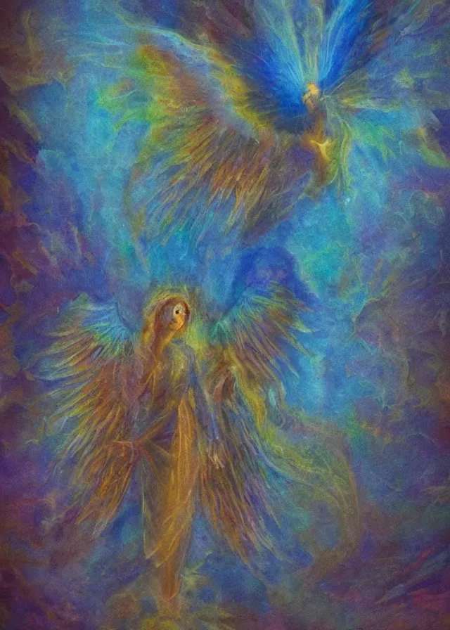 Image similar to last seraphim of the golden mythos beloved (expressionist) (dreamy) gnostic fog, award winning oil painting, chromatic aberration