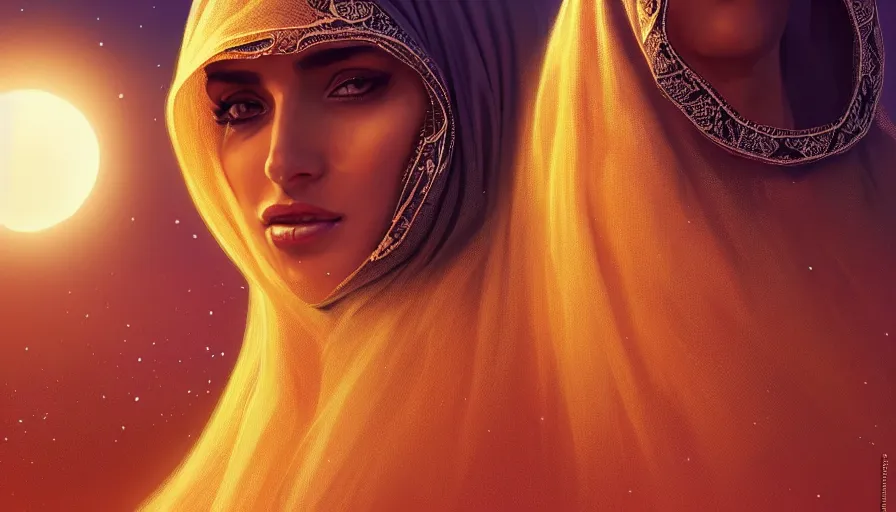 Image similar to Portrait of very very very very very very beautiful Arab woman wearing a Niqab, glowing magical eyes, energy trails, under giant full moon in the desert, intricate, elegant, highly detailed, digital painting, artstation, concept art, smooth, sharp focus, illustration, art by artgerm and greg rutkowski and alphonse mucha