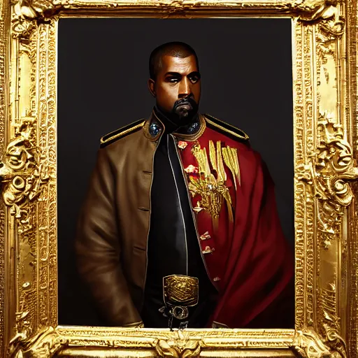 Image similar to Portrait of Kanye West as emperor napoleon, amazing splashscreen artwork, splash art, head slightly tilted, natural light, elegant, intricate, fantasy, atmospheric lighting, cinematic, matte painting, by Greg rutkowski