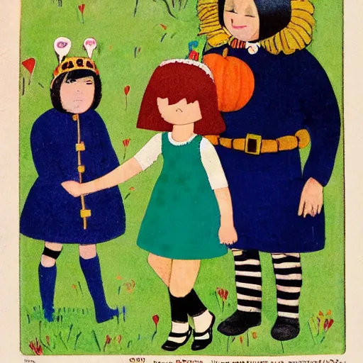 Image similar to children's book illustration of little girl black hair cut in a bob with bangs wearing a blue dress with jingle bells sewn all over at a halloween costume parade in the style of henry darger