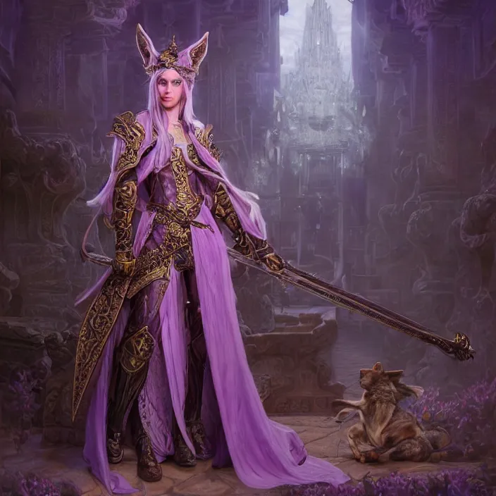 Image similar to d & d bard with her lilac leather armor in a temple, volumetric lighting, fantasy, intricate, elegant, highly detailed, lifelike, photorealistic, digital painting, artstation, fox ears, illustration, concept art, sharp focus, by john collier and albert aublet and krenz cushart and artem demura and alphonse mucha