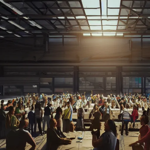 Image similar to large group people in a warehouse, surrounding hologram of futuristic city on a table, cinematic concept art, godrays, golden hour, natural sunlight, 4 k, clear details, tabletop model buildings, tabletop model, hologram center