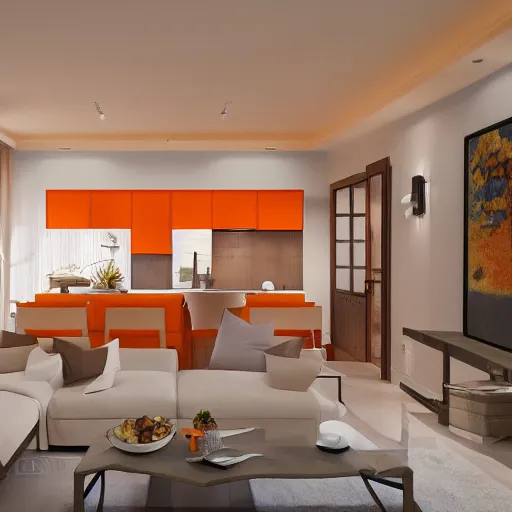 Prompt: interior design of a summer villa, orange and light brown color scheme, vivid lighting, photorealist, 4 k