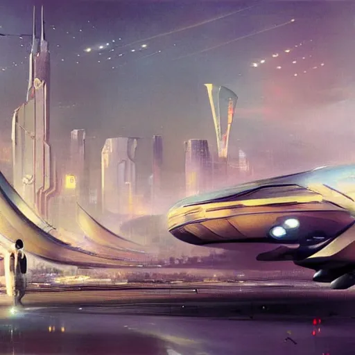 Image similar to gorgeous sci fi imagery | landing spot | space and city flying craft | futuristic | beautiful couple in the foreground heading to their hovering transport | futurism | modern couple | futuristic cityscape in the background | medium angle | by john berkey, greg rutkowski, james gurney